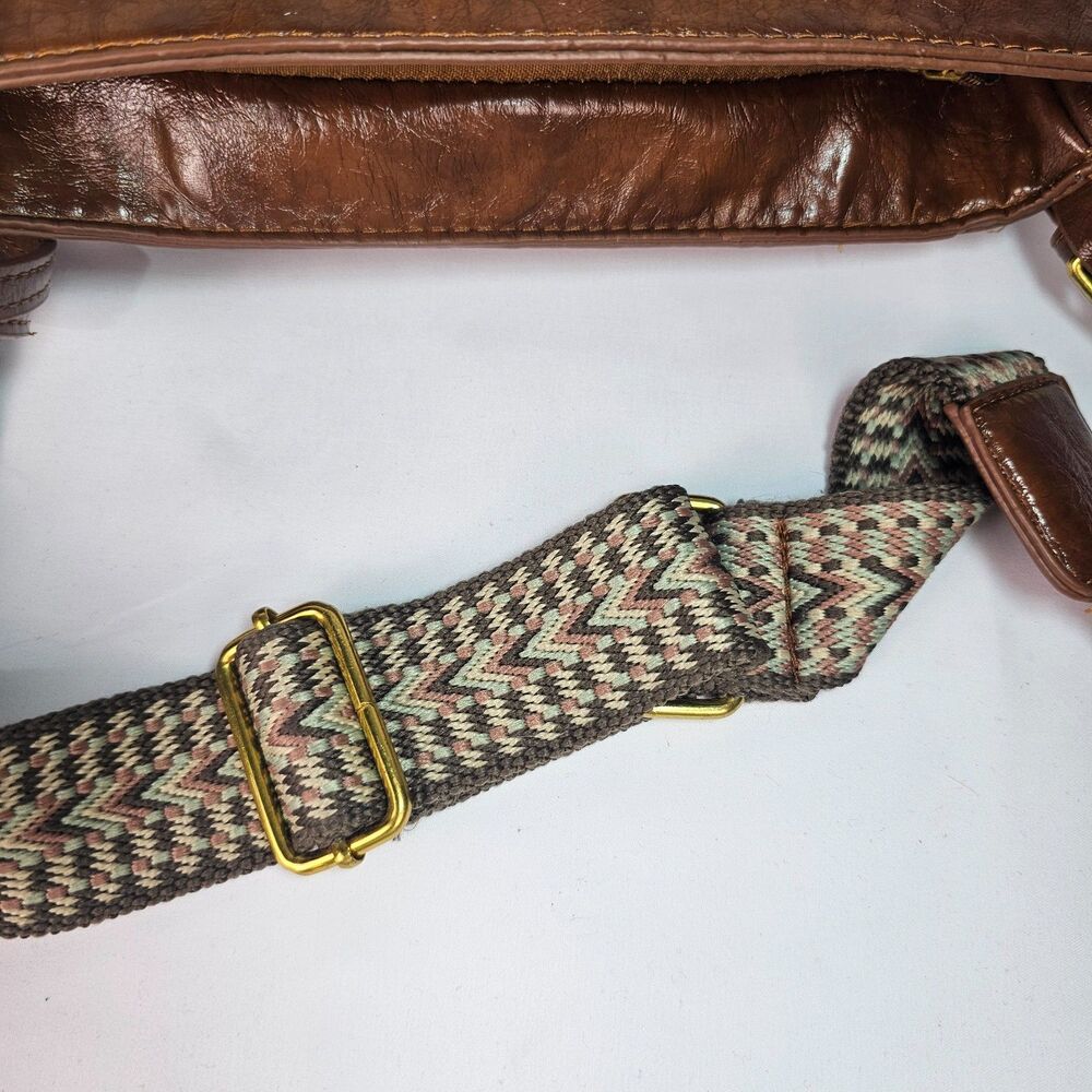 Vintage Brown Faux Leather Crossbody Bag Boho Western Wide Strap Purse - Picture 6 of 12